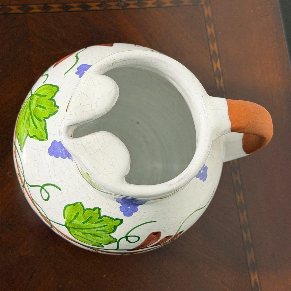 Vintage Portugal Hand Painted Ceramic Pitcher Grape Vine Crackle Glaze Vase